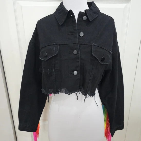 Dolls Kill Club Exx Rainbow Fringe Feel This Moment Black Denim Jacket Coat - Picture 5 of 9